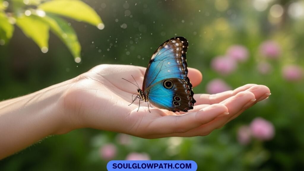 Blue butterfly landing on hand - what it means when a blue butterfly visits you