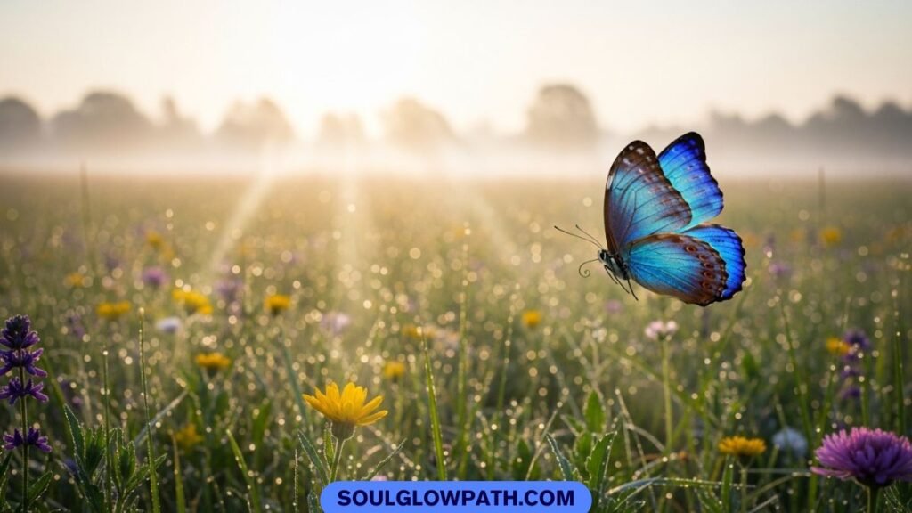 Blue butterfly representing the 15 spiritual meanings including transformation, hope, healing and guidance