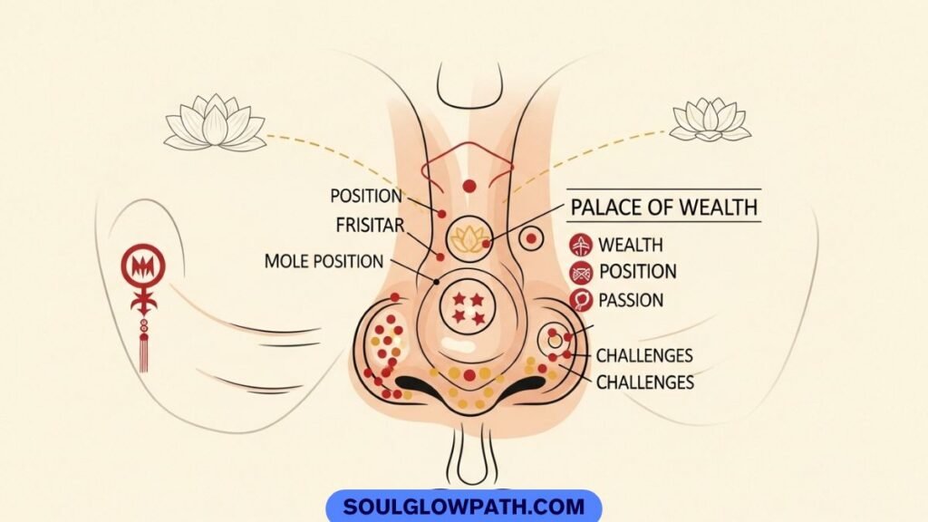 Chinese and Vedic face reading map showing mole on nose positions and their spiritual, astrological, and wealth meanings