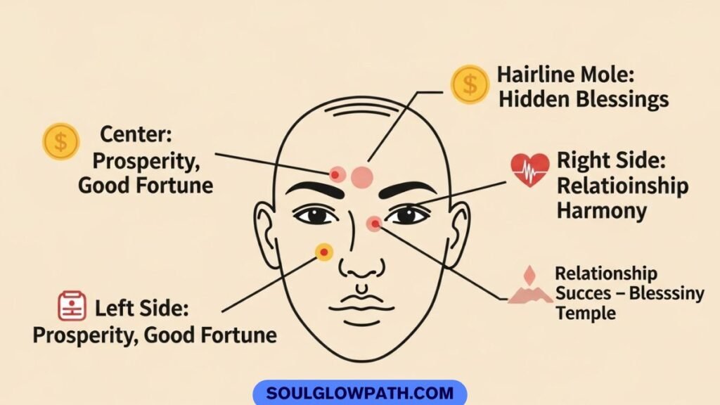 mole placement meaning on forehead including center left right and hairline