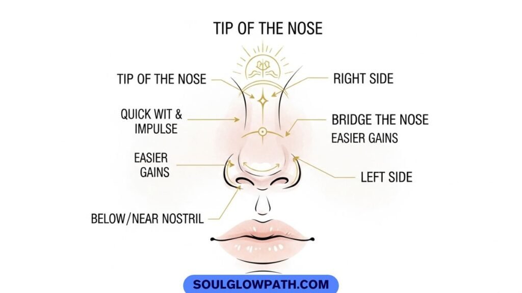 Diagram showing spiritual and astrological meanings of mole on different nose positions: tip, bridge, right side, left side, and nostril area