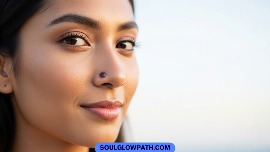 Confident woman with mole on nose representing spiritual meaning, charm, and independence for females in astrology and face reading