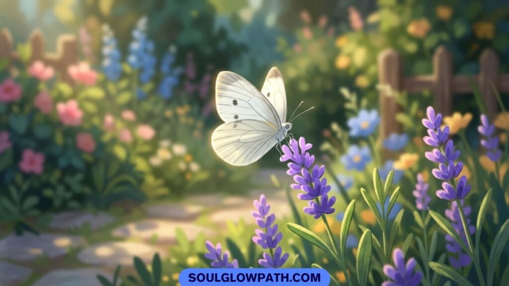 White butterfly in sunlight, representing divine guidance and higher consciousness