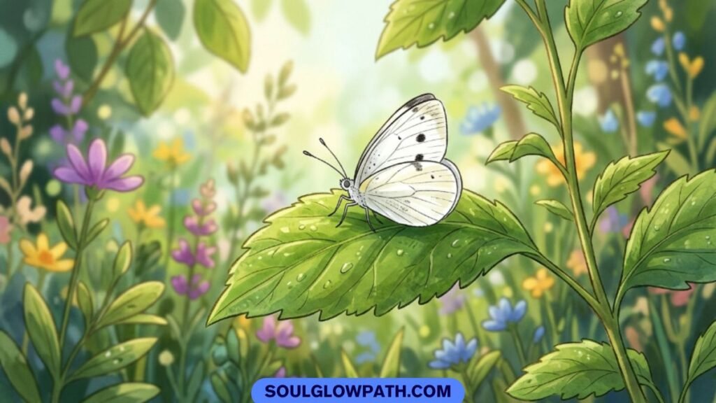 White butterfly resting on a leaf, symbolizing transformation and inner growth